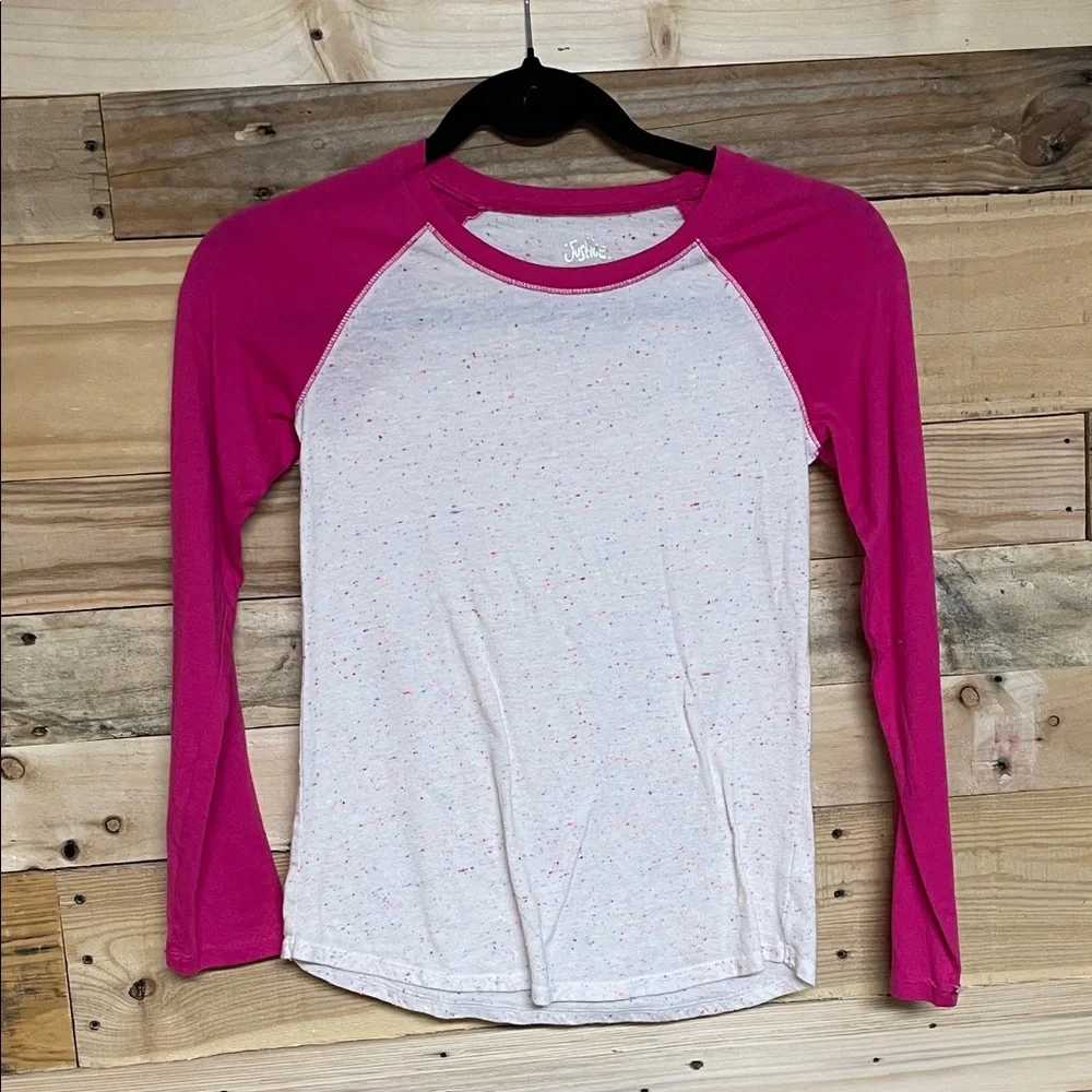 Justice size 10 Pink Sleeves with White Multi-color Speckled Soft Reagan T-shirt